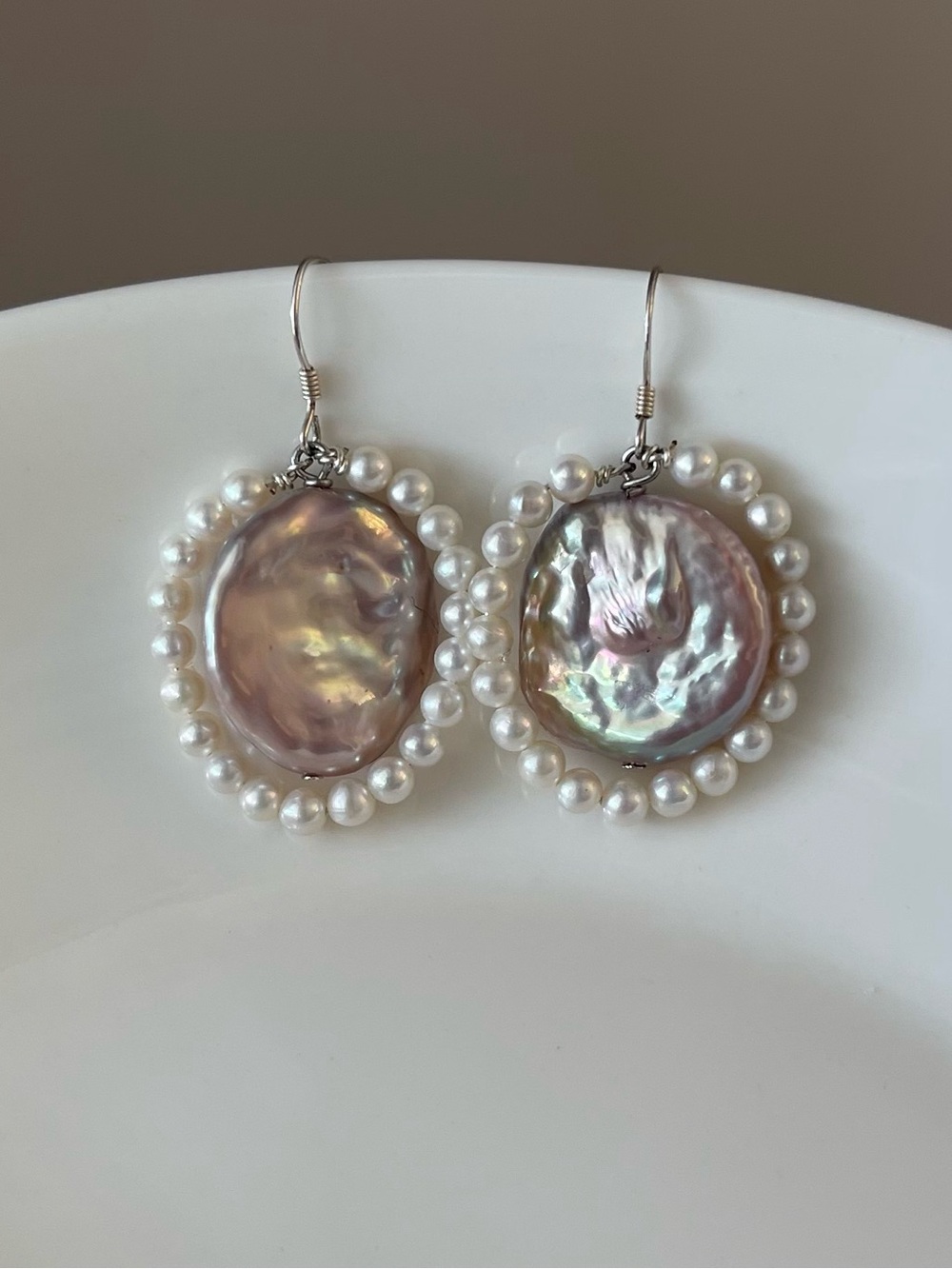 Pink Coin Pearl and White Beaded Pearl Drop Earrings - 925 silver hooks